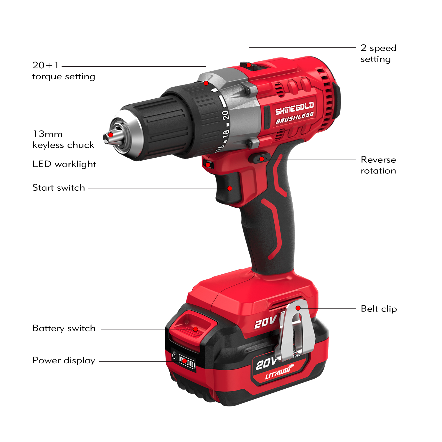 Taladro de impacto recargable inalámbrico de alta calidad, taladro eléctrico de doble velocidad sin escobillas de 20V, conducción por tornillo