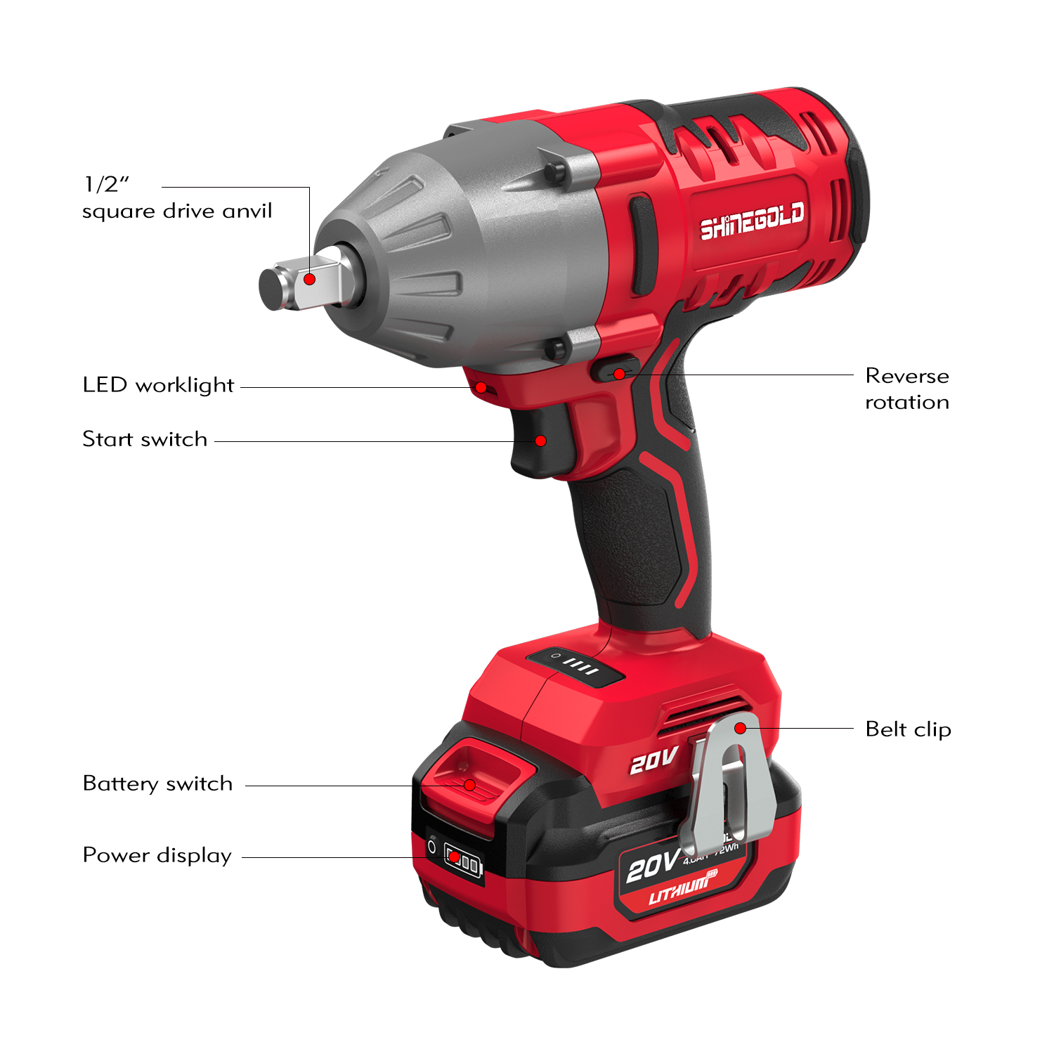 2400 ipm máx.Tasa de impacto 20V 600N.M Drive Llave de impacto de velocidad variable sin escobillas