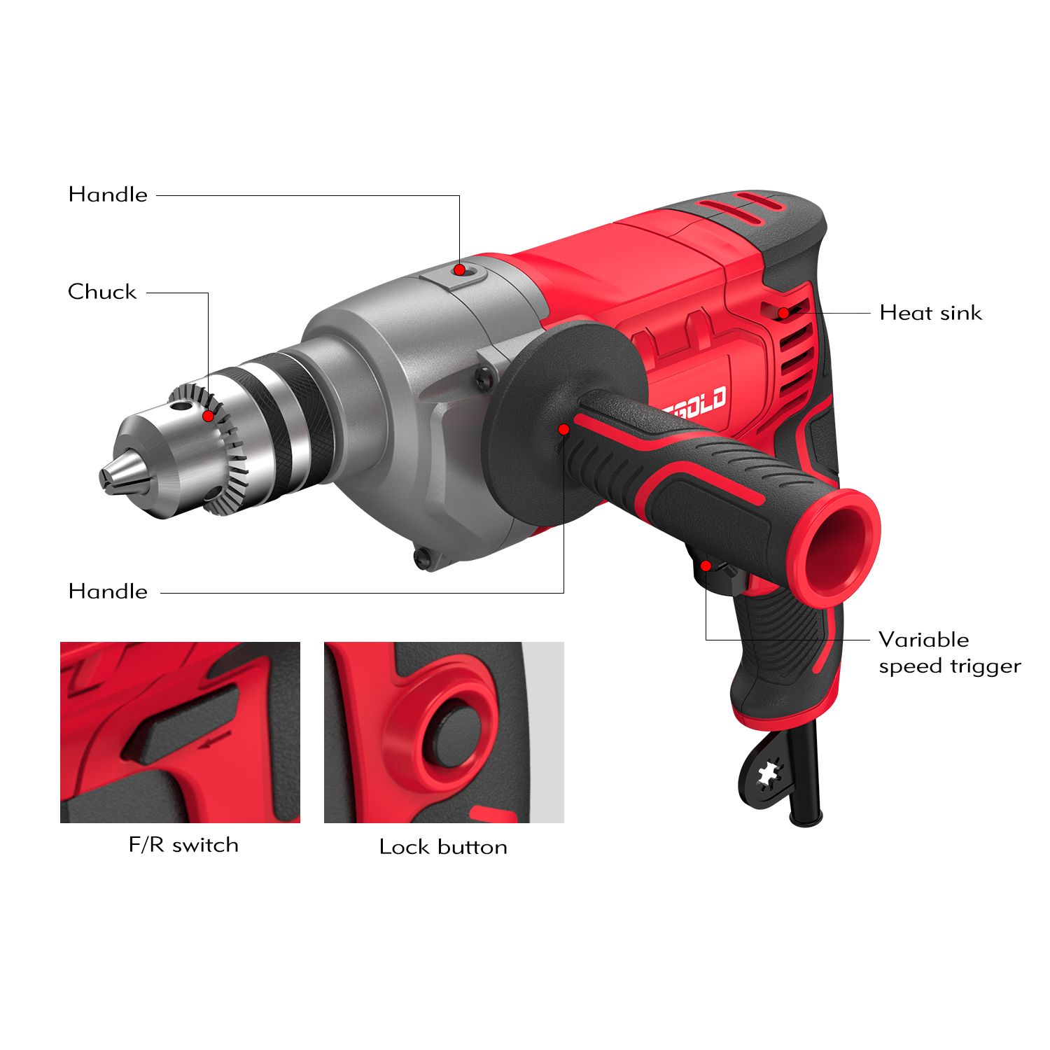 Taladro eléctrico de 13 mm, 910 W, con cable, de baja velocidad y alto par 