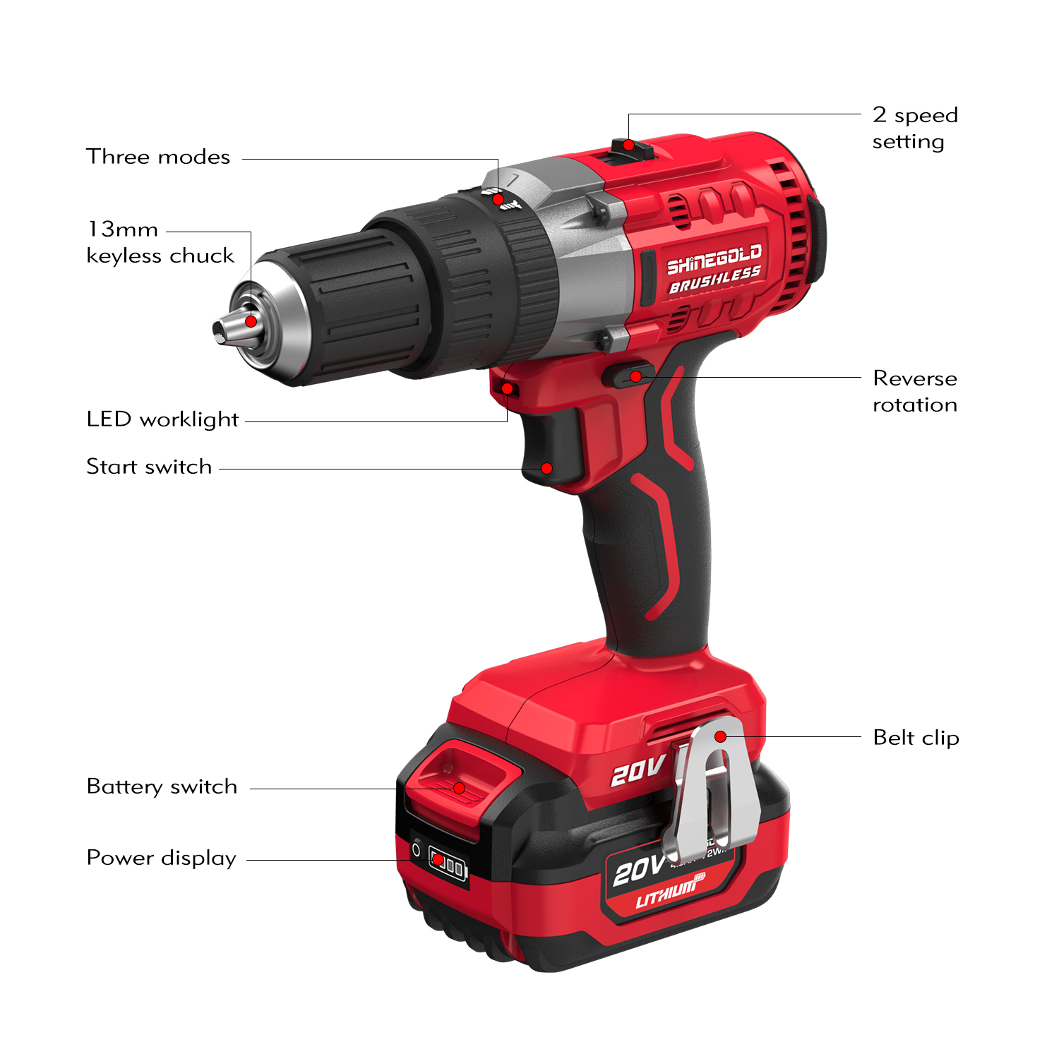 Taladro de impacto recargable inalámbrico 20V Taladro eléctrico sin escobillas de doble velocidad Máquina de conducción de tornillos