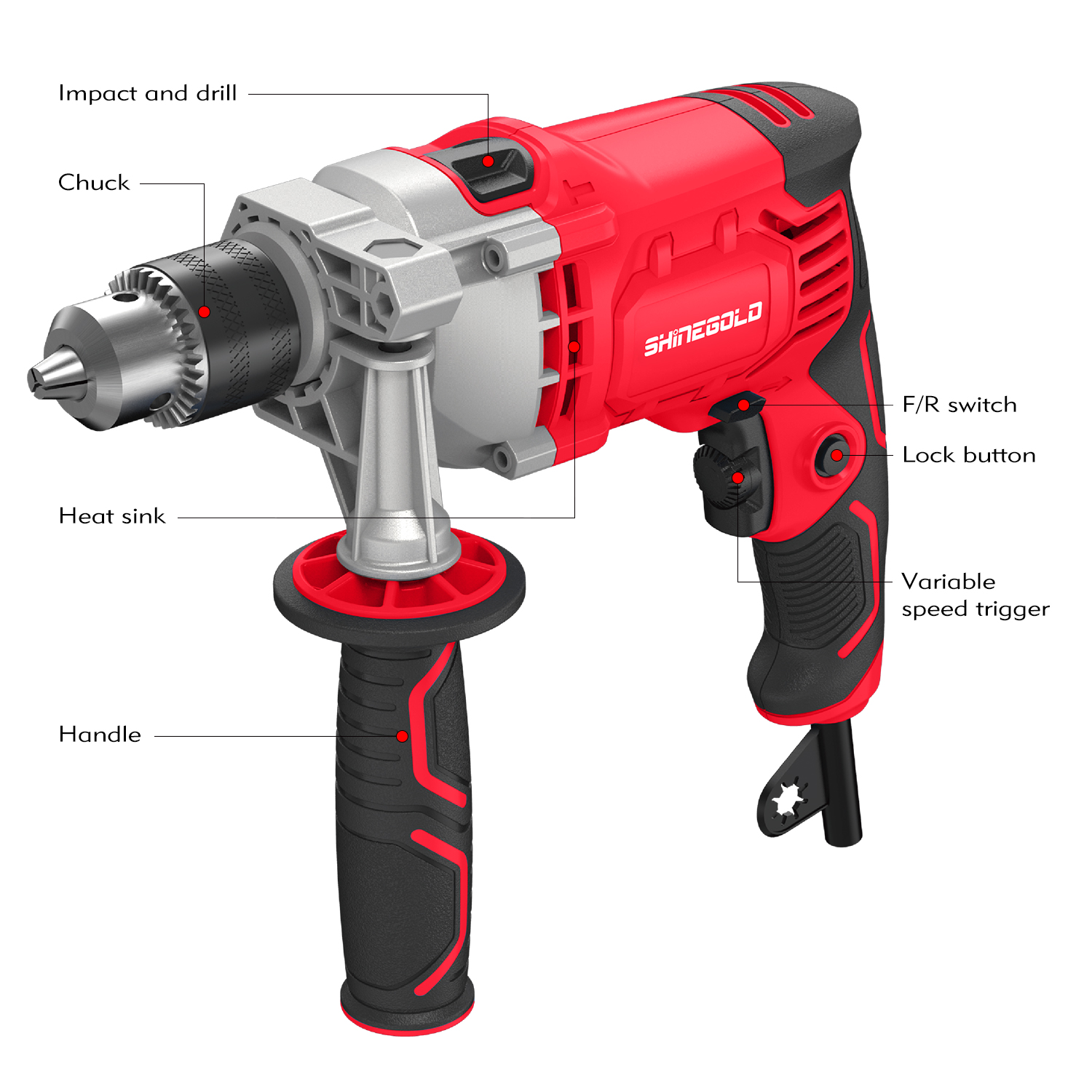 Taladro de impacto inalámbrico rentable de 550 W (4,5 A) de 13 mm (1/2 ')